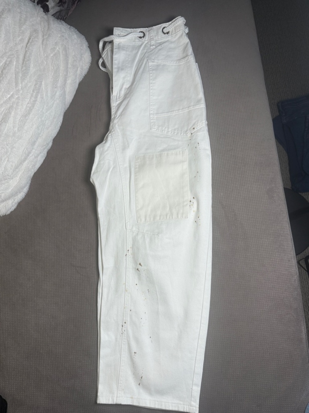 White Barrel Patchwork Denim with Paint Splatter Detail and rope belt - Picture 2 of 6